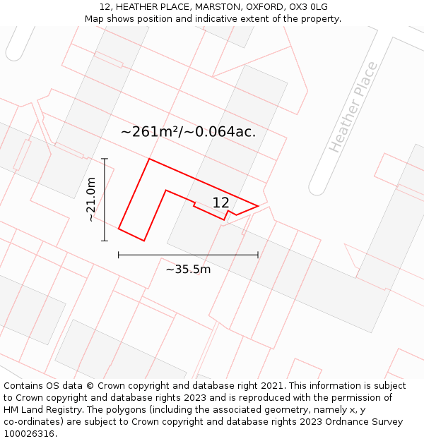 12, HEATHER PLACE, MARSTON, OXFORD, OX3 0LG: Plot and title map