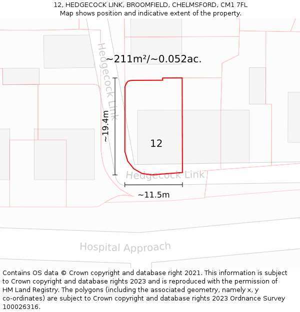 12, HEDGECOCK LINK, BROOMFIELD, CHELMSFORD, CM1 7FL: Plot and title map