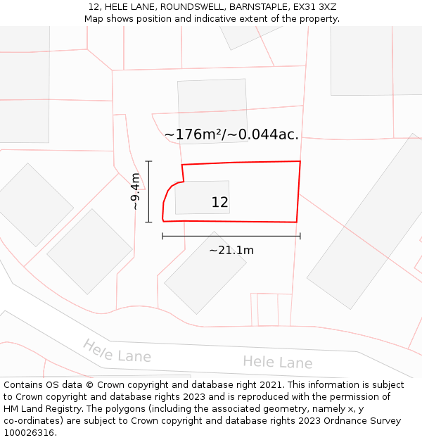 12, HELE LANE, ROUNDSWELL, BARNSTAPLE, EX31 3XZ: Plot and title map