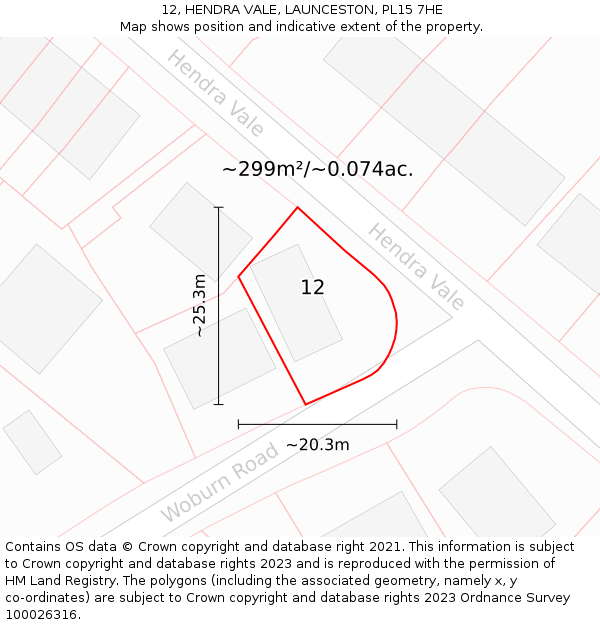 12, HENDRA VALE, LAUNCESTON, PL15 7HE: Plot and title map