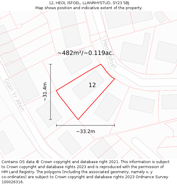 12, HEOL ISFOEL, LLANRHYSTUD, SY23 5BJ: Plot and title map