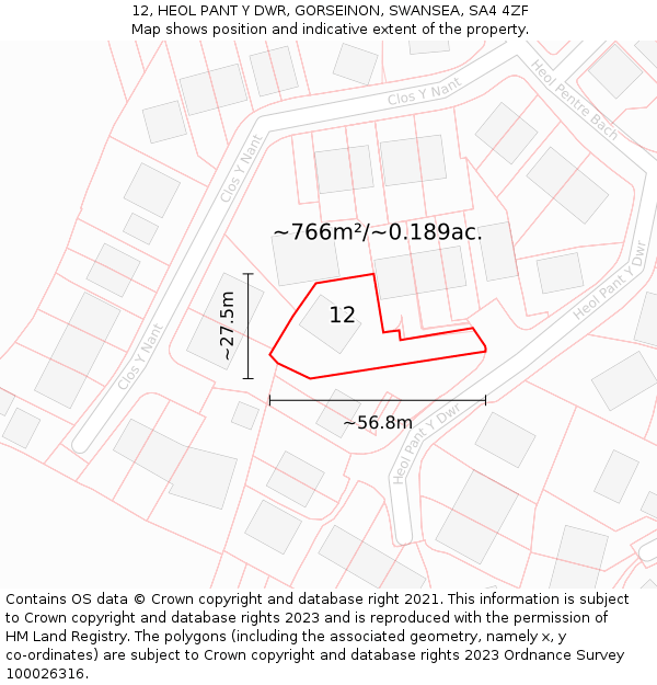 12, HEOL PANT Y DWR, GORSEINON, SWANSEA, SA4 4ZF: Plot and title map