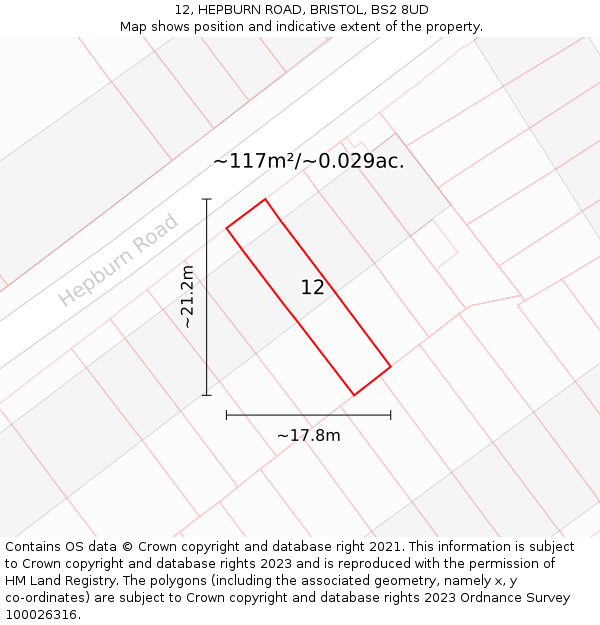 12, HEPBURN ROAD, BRISTOL, BS2 8UD: Plot and title map