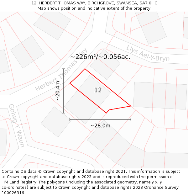 12, HERBERT THOMAS WAY, BIRCHGROVE, SWANSEA, SA7 0HG: Plot and title map