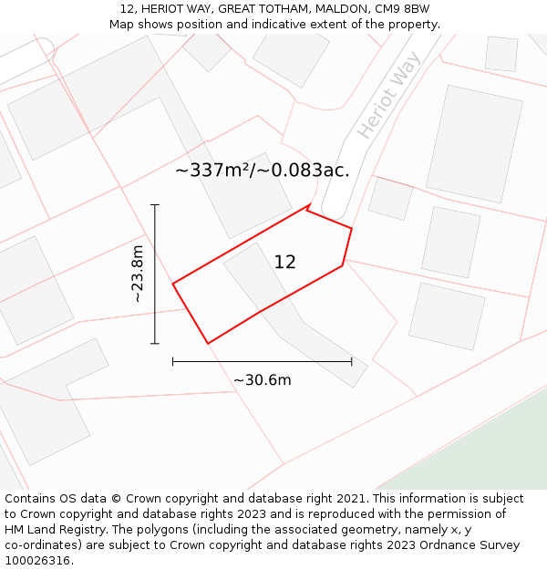 12, HERIOT WAY, GREAT TOTHAM, MALDON, CM9 8BW: Plot and title map