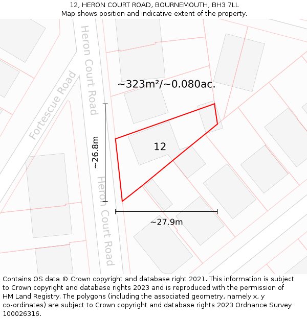 12, HERON COURT ROAD, BOURNEMOUTH, BH3 7LL: Plot and title map