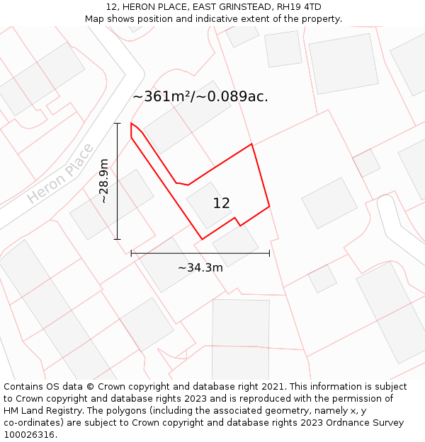 12, HERON PLACE, EAST GRINSTEAD, RH19 4TD: Plot and title map