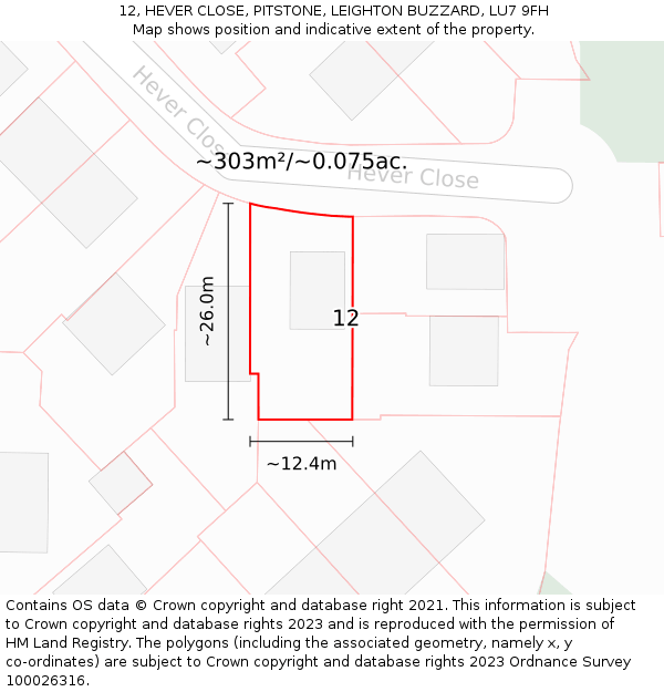 12, HEVER CLOSE, PITSTONE, LEIGHTON BUZZARD, LU7 9FH: Plot and title map