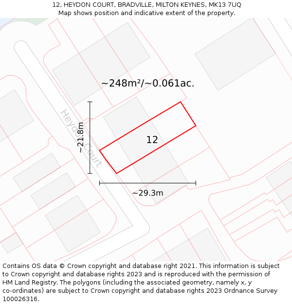 12, HEYDON COURT, BRADVILLE, MILTON KEYNES, MK13 7UQ: Plot and title map