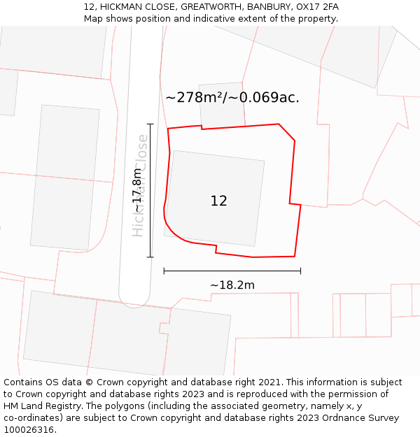 12, HICKMAN CLOSE, GREATWORTH, BANBURY, OX17 2FA: Plot and title map