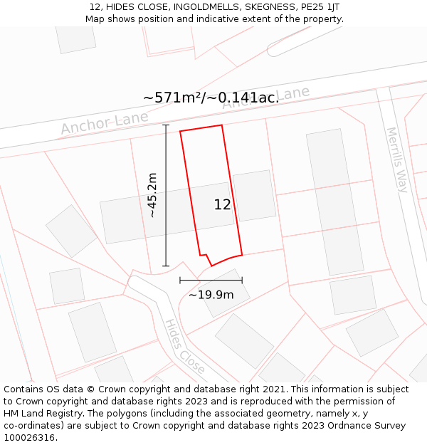 12, HIDES CLOSE, INGOLDMELLS, SKEGNESS, PE25 1JT: Plot and title map