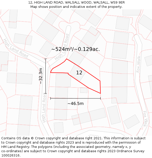 12, HIGH LAND ROAD, WALSALL WOOD, WALSALL, WS9 9ER: Plot and title map