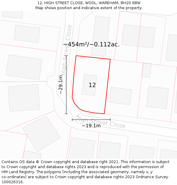 12, HIGH STREET CLOSE, WOOL, WAREHAM, BH20 6BW: Plot and title map
