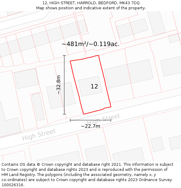 12, HIGH STREET, HARROLD, BEDFORD, MK43 7DQ: Plot and title map