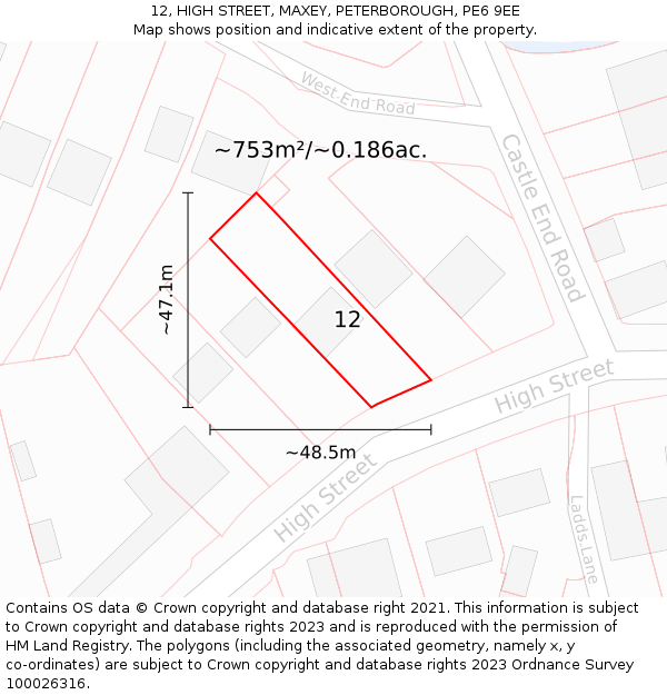 12, HIGH STREET, MAXEY, PETERBOROUGH, PE6 9EE: Plot and title map