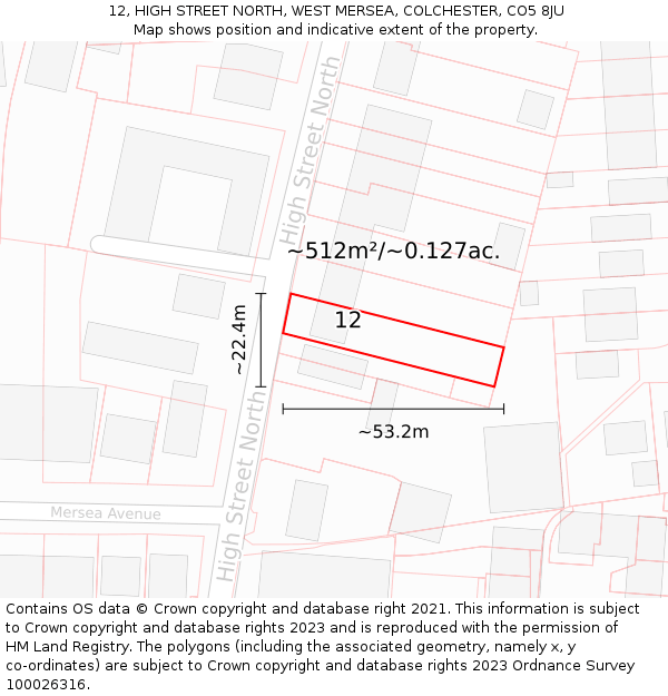 12, HIGH STREET NORTH, WEST MERSEA, COLCHESTER, CO5 8JU: Plot and title map