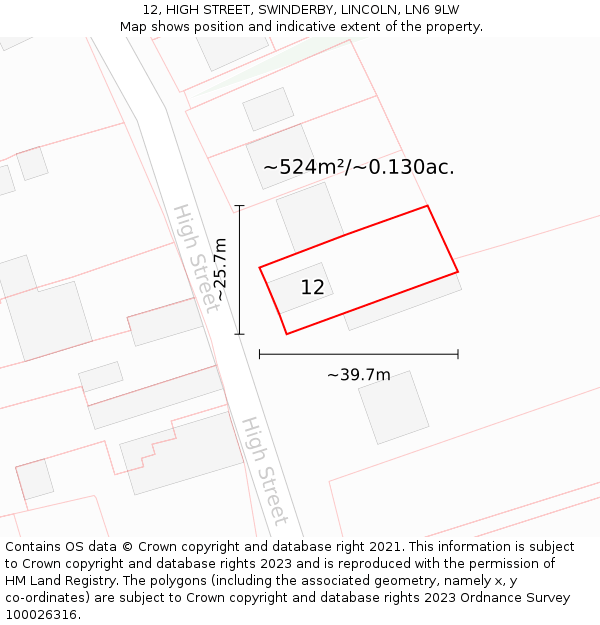 12, HIGH STREET, SWINDERBY, LINCOLN, LN6 9LW: Plot and title map