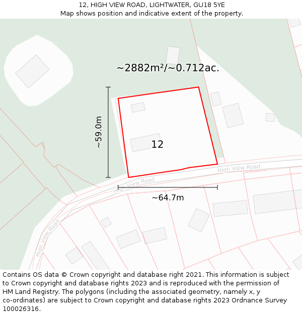 12, HIGH VIEW ROAD, LIGHTWATER, GU18 5YE: Plot and title map