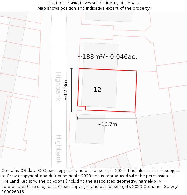 12, HIGHBANK, HAYWARDS HEATH, RH16 4TU: Plot and title map