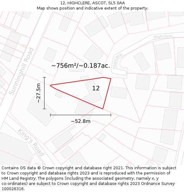 12, HIGHCLERE, ASCOT, SL5 0AA: Plot and title map