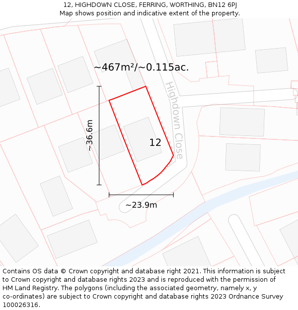 12, HIGHDOWN CLOSE, FERRING, WORTHING, BN12 6PJ: Plot and title map
