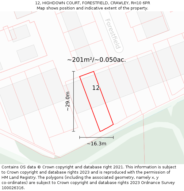 12, HIGHDOWN COURT, FORESTFIELD, CRAWLEY, RH10 6PR: Plot and title map