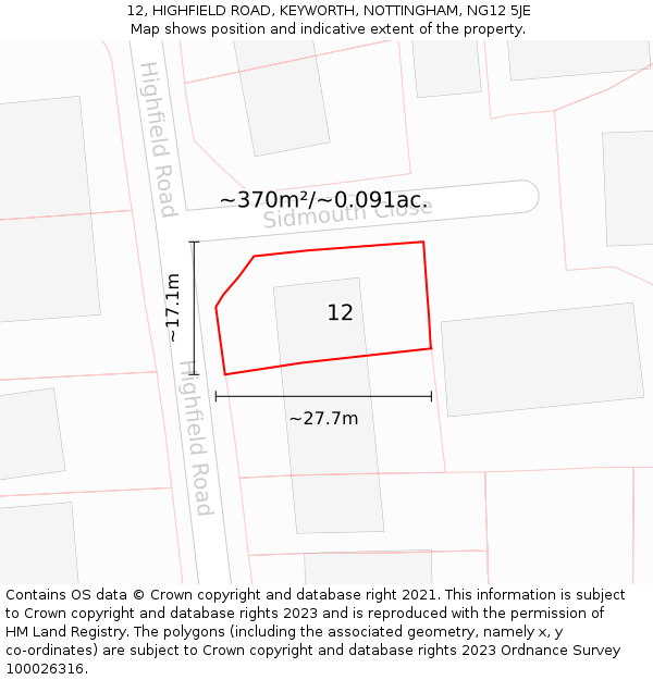 12, HIGHFIELD ROAD, KEYWORTH, NOTTINGHAM, NG12 5JE: Plot and title map