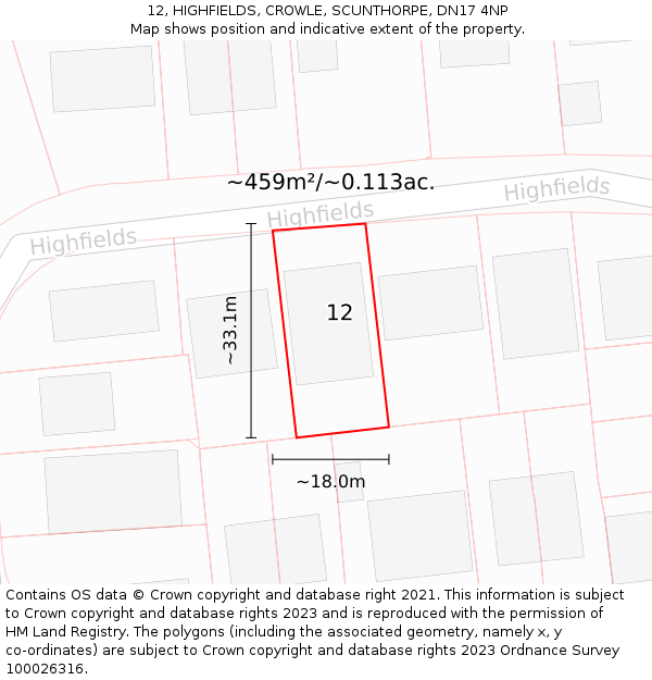 12, HIGHFIELDS, CROWLE, SCUNTHORPE, DN17 4NP: Plot and title map