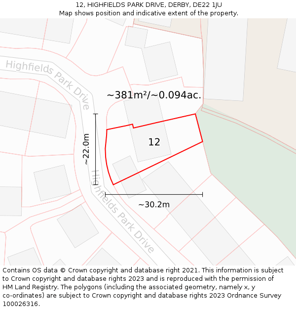 12, HIGHFIELDS PARK DRIVE, DERBY, DE22 1JU: Plot and title map