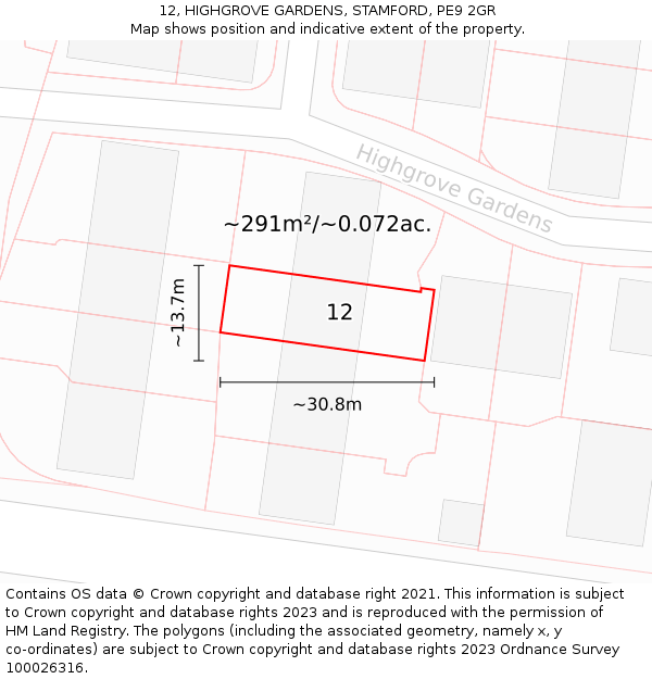 12, HIGHGROVE GARDENS, STAMFORD, PE9 2GR: Plot and title map