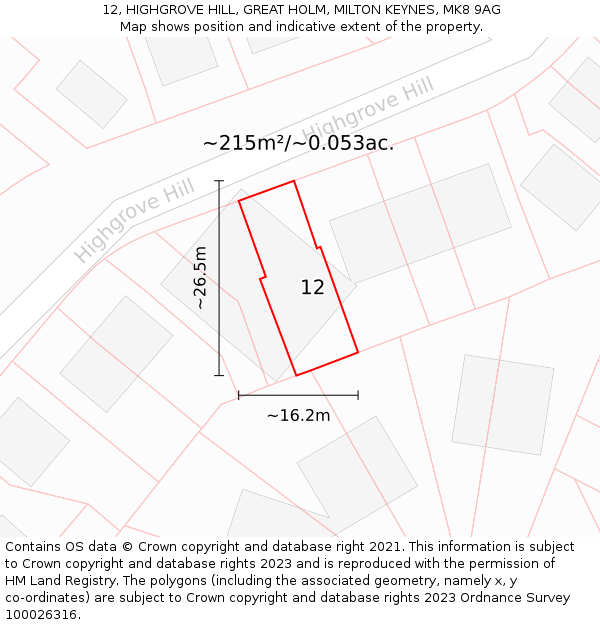 12, HIGHGROVE HILL, GREAT HOLM, MILTON KEYNES, MK8 9AG: Plot and title map