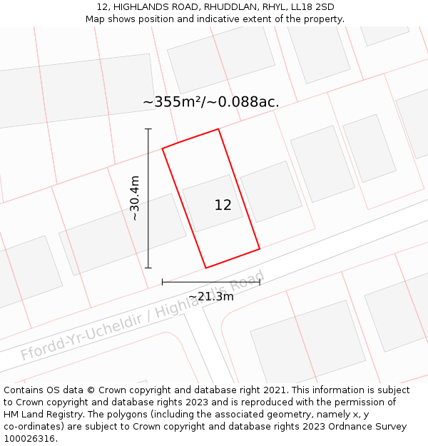 12, HIGHLANDS ROAD, RHUDDLAN, RHYL, LL18 2SD: Plot and title map