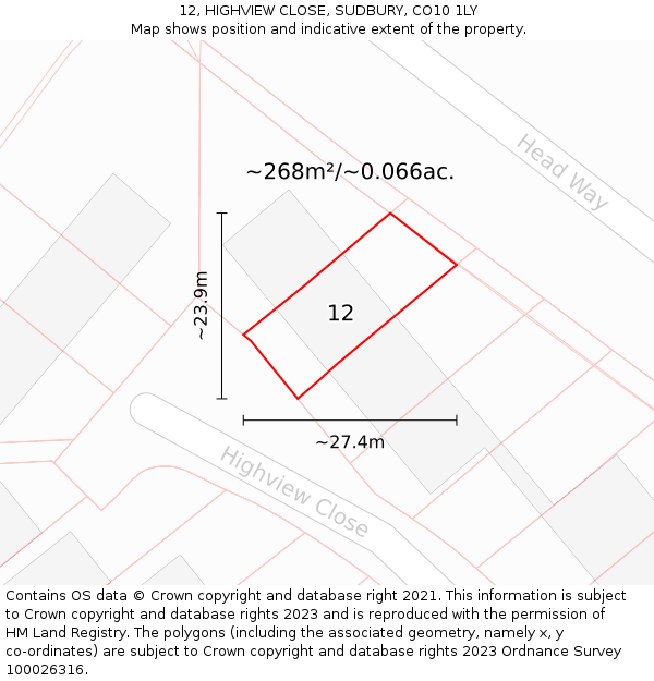 12, HIGHVIEW CLOSE, SUDBURY, CO10 1LY: Plot and title map