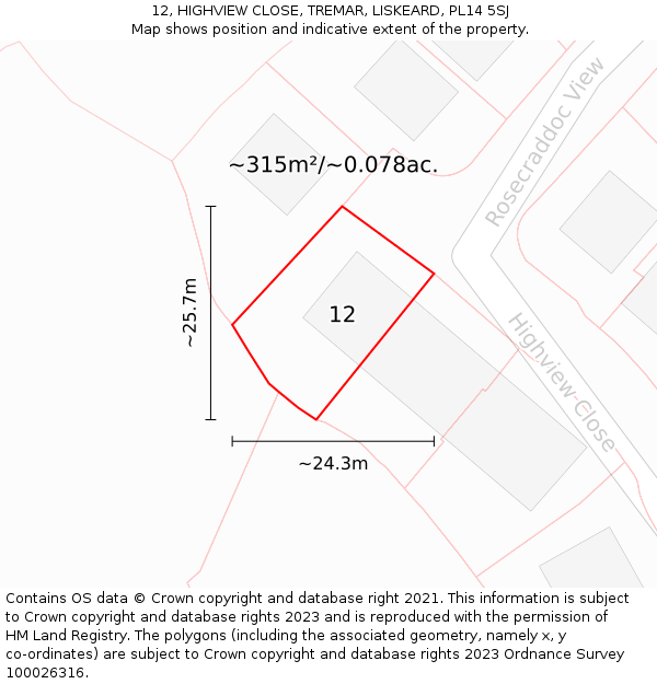 12, HIGHVIEW CLOSE, TREMAR, LISKEARD, PL14 5SJ: Plot and title map