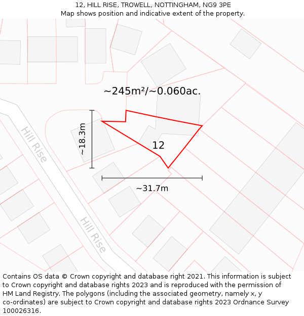 12, HILL RISE, TROWELL, NOTTINGHAM, NG9 3PE: Plot and title map