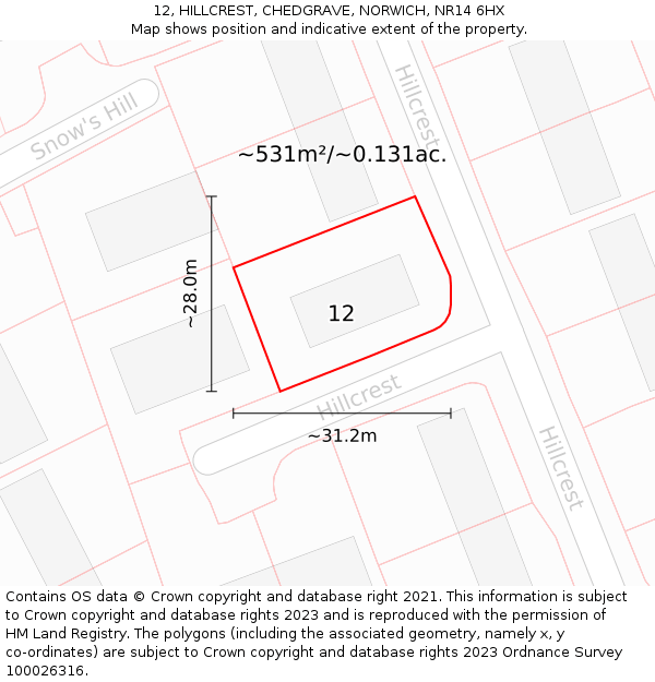 12, HILLCREST, CHEDGRAVE, NORWICH, NR14 6HX: Plot and title map