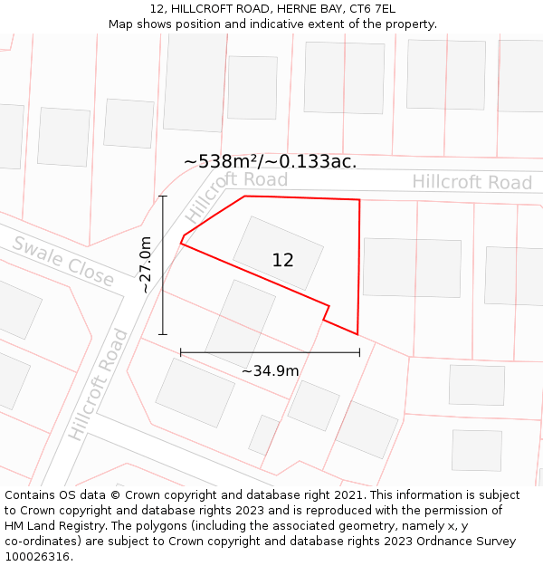 12, HILLCROFT ROAD, HERNE BAY, CT6 7EL: Plot and title map