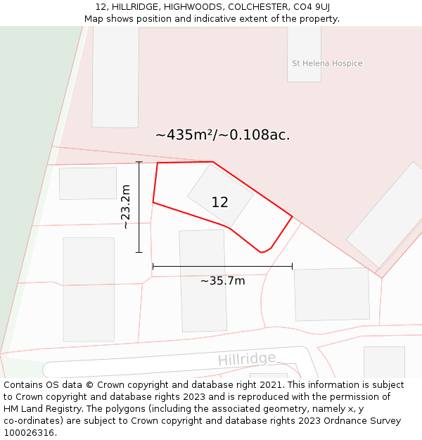 12, HILLRIDGE, HIGHWOODS, COLCHESTER, CO4 9UJ: Plot and title map