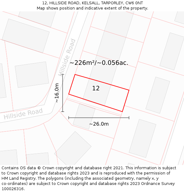 12, HILLSIDE ROAD, KELSALL, TARPORLEY, CW6 0NT: Plot and title map