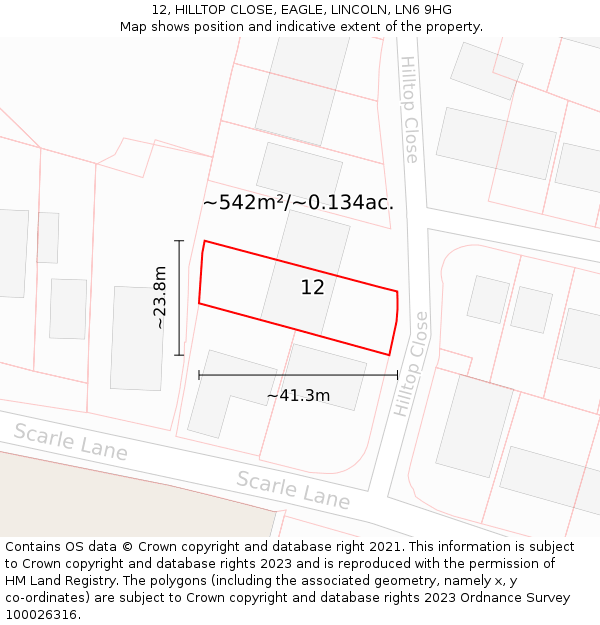 12, HILLTOP CLOSE, EAGLE, LINCOLN, LN6 9HG: Plot and title map