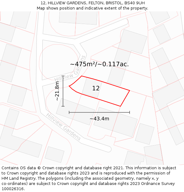 12, HILLVIEW GARDENS, FELTON, BRISTOL, BS40 9UH: Plot and title map