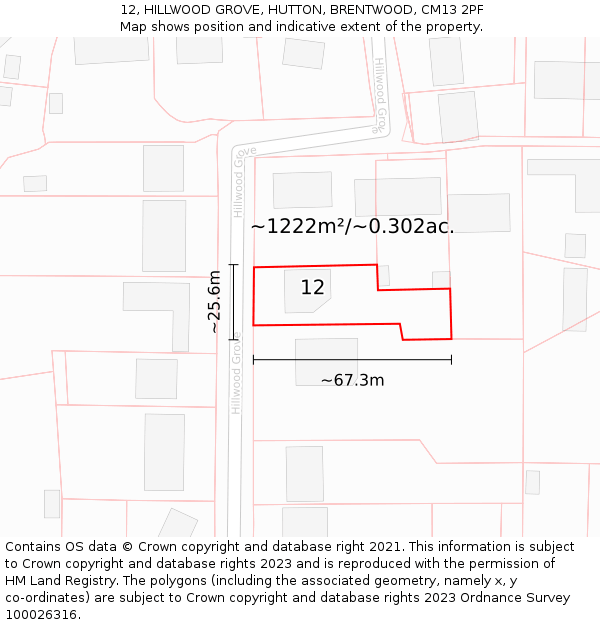 12, HILLWOOD GROVE, HUTTON, BRENTWOOD, CM13 2PF: Plot and title map