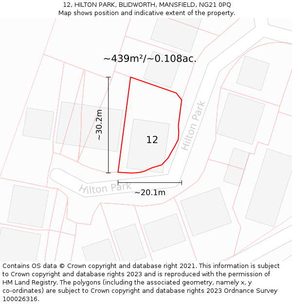 12, HILTON PARK, BLIDWORTH, MANSFIELD, NG21 0PQ: Plot and title map