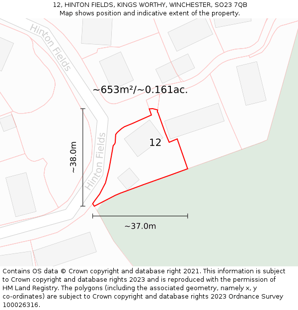 12, HINTON FIELDS, KINGS WORTHY, WINCHESTER, SO23 7QB: Plot and title map