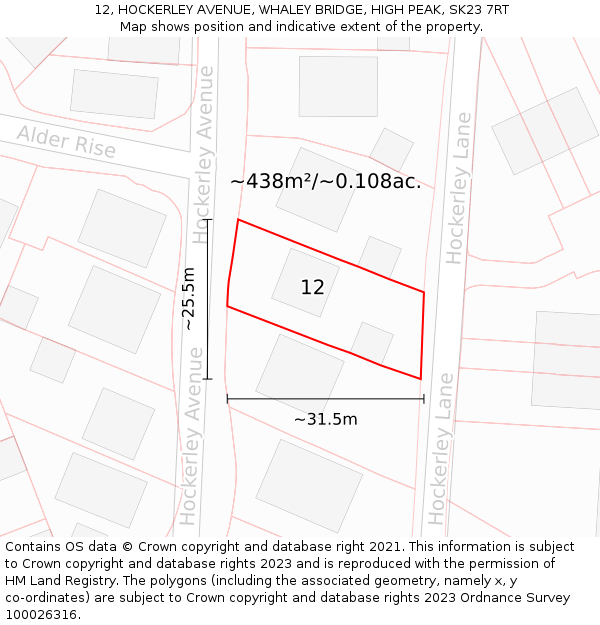 12, HOCKERLEY AVENUE, WHALEY BRIDGE, HIGH PEAK, SK23 7RT: Plot and title map