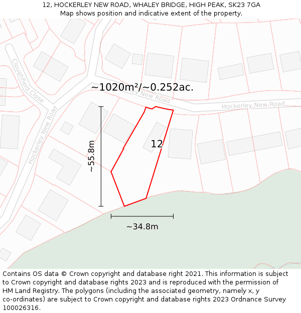 12, HOCKERLEY NEW ROAD, WHALEY BRIDGE, HIGH PEAK, SK23 7GA: Plot and title map