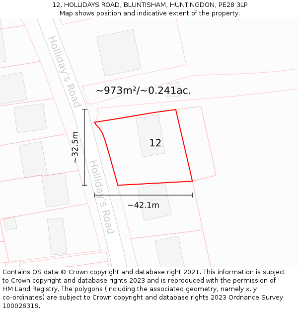 12, HOLLIDAYS ROAD, BLUNTISHAM, HUNTINGDON, PE28 3LP: Plot and title map