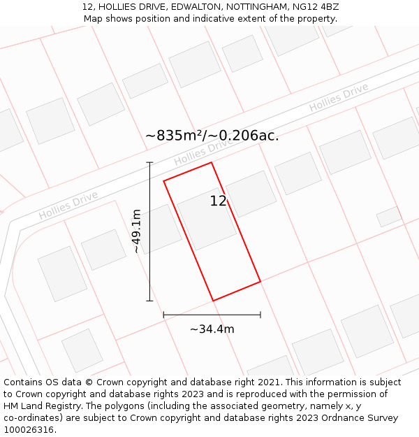 12, HOLLIES DRIVE, EDWALTON, NOTTINGHAM, NG12 4BZ: Plot and title map