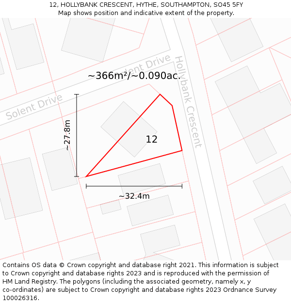 12, HOLLYBANK CRESCENT, HYTHE, SOUTHAMPTON, SO45 5FY: Plot and title map