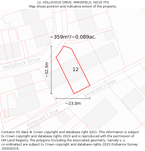 12, HOLLYHOCK DRIVE, MANSFIELD, NG19 7FG: Plot and title map